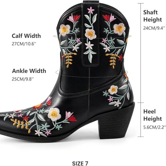 Women's Flower Embroidered Ankle Cowgirl Boots Floral Snip Square Toe Western - Picture 5 of 5